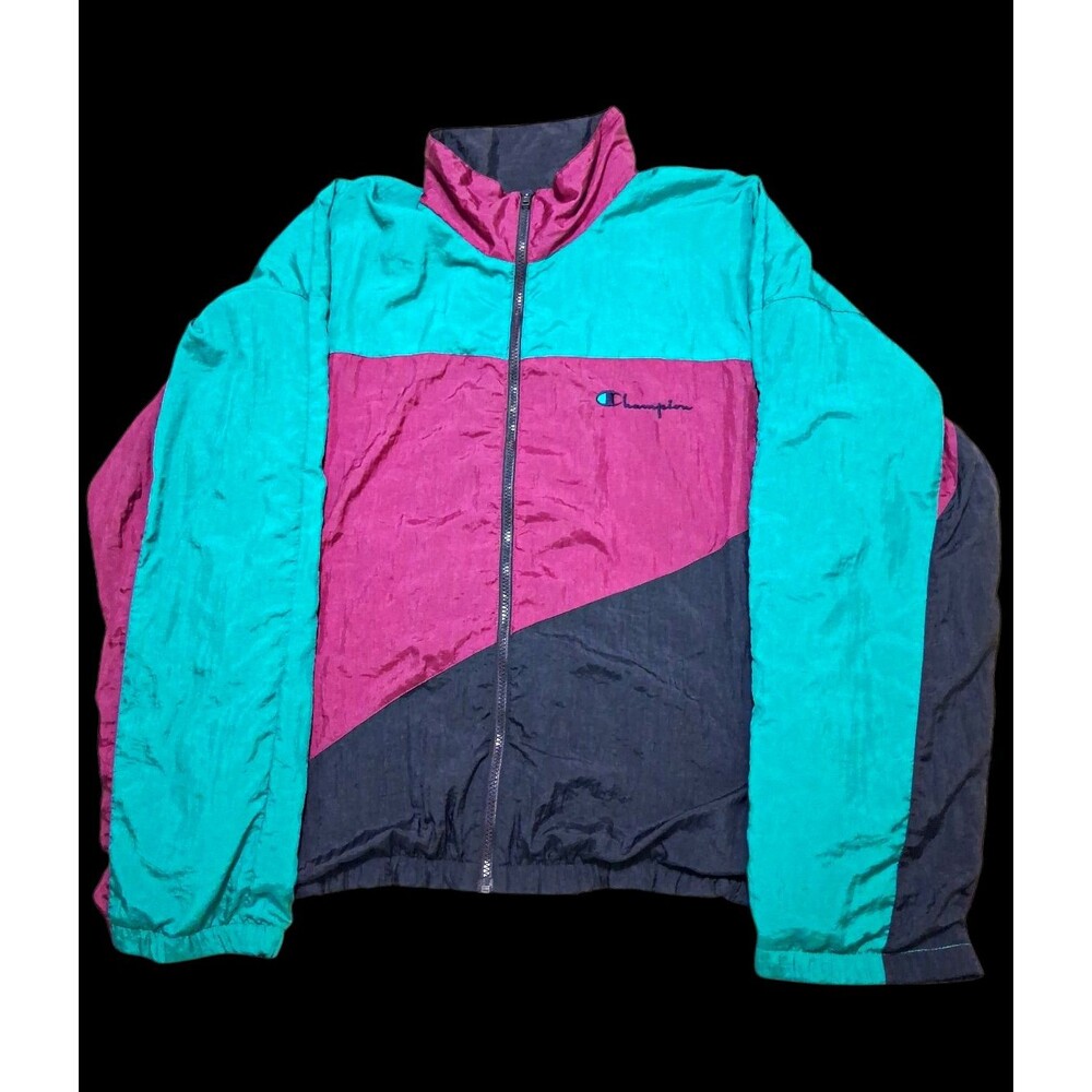 Vintage 90s Champion Windbreaker Jacket XL Teal Purple Black Colorblock Nylon